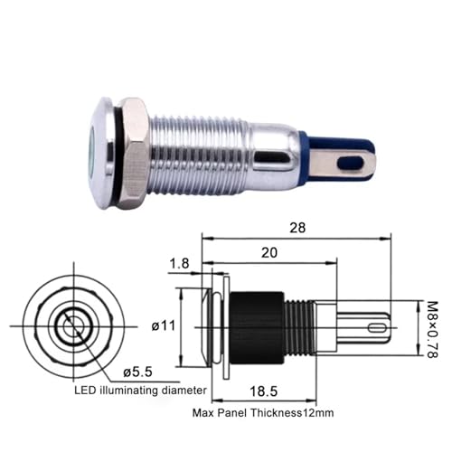 Piloto LED 8mm cromado azul de 3V a 6V para panel de control 3