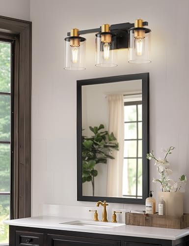 Image of L LOHAS LED Black and Gold Vanity Light, Modern 3-Light Bathroom Light Fixtures with Clear Glass Shade, Vanity Lights for Bathroom Mirror Bedroom Hallway