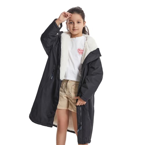 Image of Warm Thick Lambswool Swim Parka for Kids, Oversized Hooded Surf Poncho Loose Waterproof Swimming Coat(7-14 Years Old)