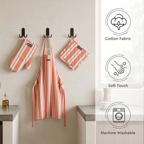 Image of Encasa XO 100% Cotton Apron Set for Women & Men with Adjustable Apron, Oven Gloves & Pot Holder (Pack of 3) Combo, Heat-Resistant, Soft & Durable for Cooking, Baking & Grilling (Franca Orange Stripes)