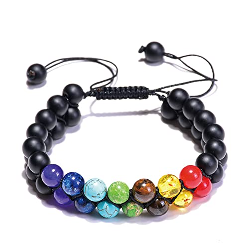 Lilingyu 2 Piezas Pulsera de 7 Chakras para Mujer Hombre, Pulsera Ojo de Tigre Natural Cuentas 8mm, Pulsera Piedras Naturales Lava, Pulseras Elásticas Yoga para Llevar Regalos Cumpleaños (B) Cover