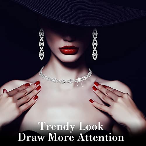 MTLEE 4 Pieces Rhinestone Necklace Choker Bracelet Earring Clutch Purses Jewelry Set Women Crystal Triangle Bling Diamond Purse Rhinestone Bag for Wedding Party3