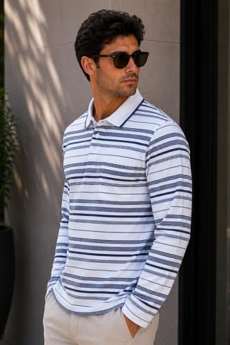 Image of SANE ORIGINALS Full Sleeves Polo Collar Tshirt for Men with Pocket || Stripe Collar and Pocket Tshirt for Men Long Sleeves Navy Blue