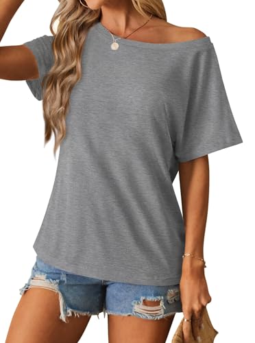 Image of Hilinker Womens Sexy Off The Shoulder Tops Short Batwing Sleeve T Shirt Oversized Casual Tee