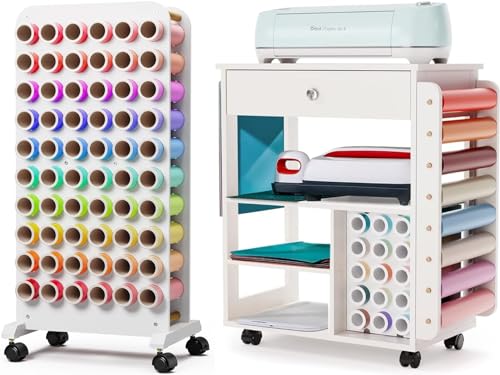 Rolling Craft Cart & Mobile Vinyl Roll Holder, Rolling Storage Organizer with Vinyl Roll Holder, Crafting Cabinet Workstation Tool Holder for Craft Room Home Office