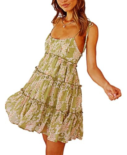 Image of kinstell Women's Boho Spaghetti Strap Ruffle Square Neck Bowknot Backless Sleeveless Elegant Flowy Mini Short Skater Dresses