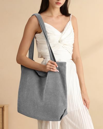 Image of Iioscre Corduroy Tote Bag for Women,Hobo HandBags with Zipper,Large Capacity Casual Shoulder Handbags with Inner Pockets