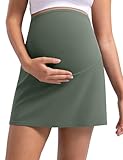 Poshdivah Women'S Creamluxe Maternity Tennis Golf Skirts Built-In Shorts With Pockets - High Waist Stretchy A-Line For Pregnancy Workout Yoga, Green Small