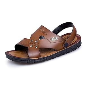 XYAL0003001 Xingyue Aile Slippers & Sandalen Mode Sandalen Voor Mannen, Slip On Stijl Microvezel Lederen Schoenen Metaaldecor Dual Purpose Pure Kleur Slipper (Kleur : Bruin, Maat : 40 EU)