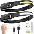Ginlpd Headlamp Flashlight, (2-Pack) High Lumen Led Headlights Rechargeable COB 230°Wide Beam Waterproof Head Lamp with Motion Sensor Bright 5 Modes for Outdoor Running, Camping Hiking