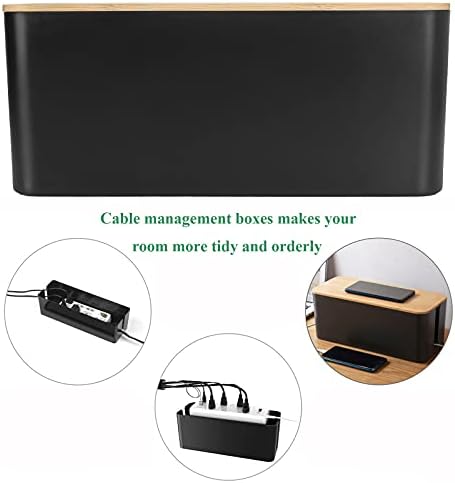 EVADOW Set of 3 Cable Management Box with Bamboo Lid, Black Wire Core Cable Tidy Box Conceal and Hide Cable Wire Extension Organizer Box for Home, Office | Size for Large, Medium, Small