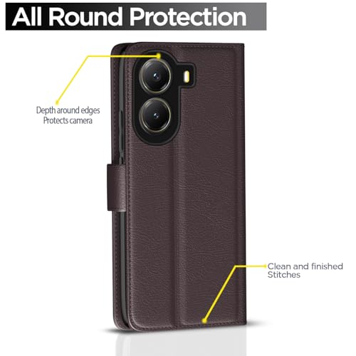 Image of Pikkme Flip Cover Leather Finish | Inside TPU with Card Pockets | Wallet Stand and Shock Proof | Complete Protection Button Flip Case for Poco X7 Pro 5G(Coffee)