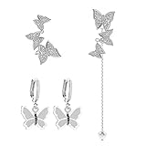 YOOE Elegantes aretes de aro de mariposa de oro de 14 quilates, aretes colgantes de mariposa de plata de oro de 14 quilates, aretes colgantes de mariposa para mujer, plata