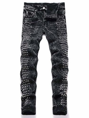 Image of Idopy Studded Vintage Punk Gothic Men`s Jeans with Rivet XL/36 Black