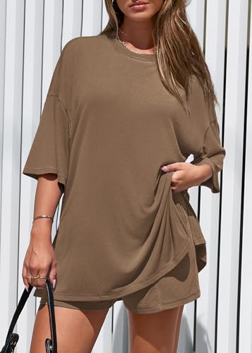 KIRUNDO 2 Piece Sets for Women Summer Lounge Sets Casual Oversized Tshirts Shorts Matching Airport Travel Outfits Postpartum(Dark Khaki, Medium) — view 3