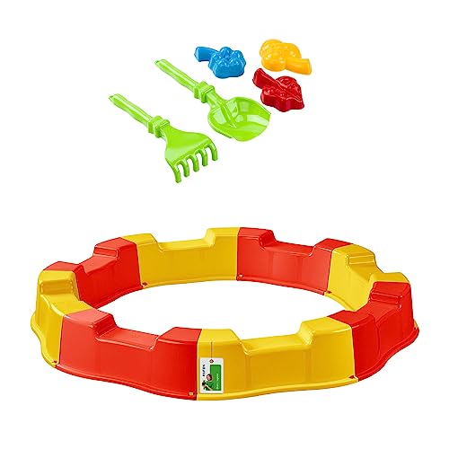 Sandkasten für Kinder mit Spielzeug - 160 x 22 cm - Modularer Sandbox 8 Elemente Runder Sandkiste für Garten Outdoor | Gelb/Rot | Kunststoff