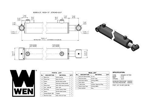 Image of WEN WT2520 Cross Tube Hydraulic Cylinder with 2.5-inch Bore and 20-inch Stroke