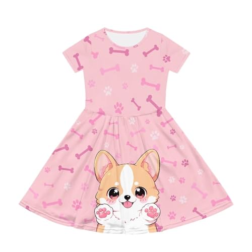 Flashideas Girls Dresses Short Sleeve Fashion Dresses with Pockets Round Neck Flared Skate Dress