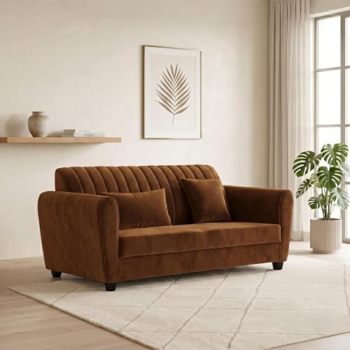 Image of Velvet 2 Seater Sofa, Chesterfield Tufted Sofa with Nailhead Trim, Rolled Arm Sofa with Wood Legs for Living Room & Office (Brown Color)