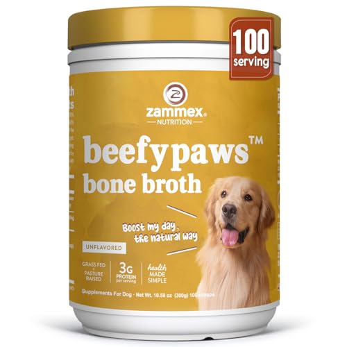 Zammex Grass-Fed Beef Bone Broth Protein Powder for Dogs & Cats - Joint & Bone Support Gut Health & Immune Support Healthy Fur Enhancer Pet Food Topper for Dry & Wet Food 10.58oz