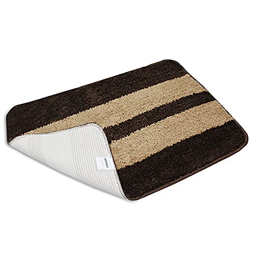 Image of Amazon Brand - Solimo Anti-Slip Microfibre Bathmat, Stripe, Dark Dark Brown, Set of 2 (35cm x 50cm)