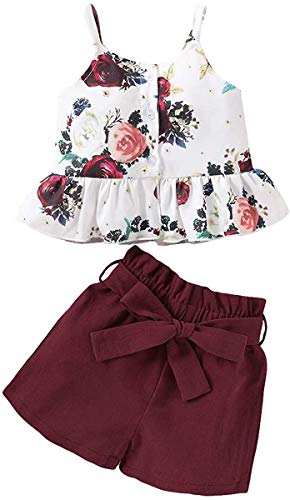 Toddler Kid Baby Girl Floral Clothes Ruffled Halter Crop Tops + Bowknot Shorts Summer Outfit Set Wine Red