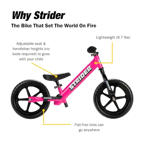 Image of Strider 12 Sport Bike, Pink - No Pedal Balance Bicycle for Kids 1 to 4 Years - Includes Safety Pad, Padded Seat, Mini Grips, Flat-Free Tires -Easy Assembly, Tool-Free Adjustments