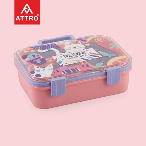 Image of ATTRO Kitty Kart Plastic Lunch Box - 3 Compartment Bento Tiffin, Leak-Proof & Durable, Plastic Cutlery, Ideal for Kids, School,Picnic - 800ml, Pink Purple