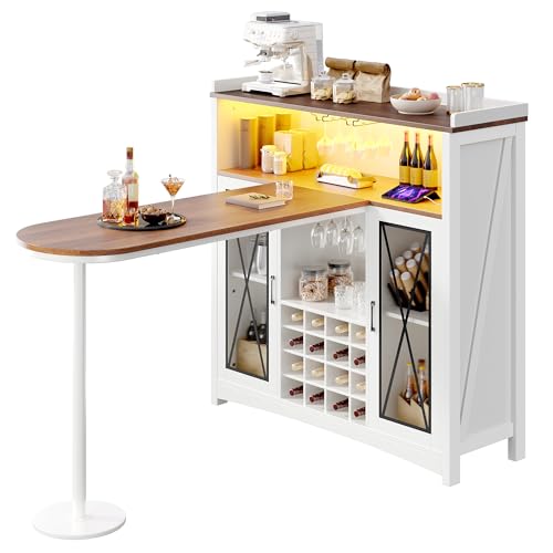DWVO Farmhouse Wine Bar Cabinet with LED Lights, 47" Coffee Bar Station w/Bar Table, Wine Racks and Glass Holders, Clear Barn Door, Wood Kitchen Buffet Cabinet w/Storage for Living Dining Room, White