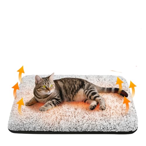 自熱猫ベッド 2.0升?版 冬用 非電熱ペットヒーター - 2層断熱アルミシートで猫の体温を効率保温 ふわふわ保温マット 取り外し可能&洗えるカバー 滑り止め底付き ケージ/床/キャットタワー対応 老猫/子猫に優しい (白地に茶, 40x50cm)