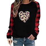 Valentinstag Pullover Damen Mode Buchstaben Bedruckt Oberteile Shirt Plaid Langarm Patchwork Tunika Top Lose Casual Bluse Langarmshirt