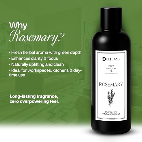 Image of DIFFUZE Rosemary Essential Oil Reed Diffuser Refill 100ml with 10 Fibre Reed Sticks | Aroma Oil for Home Office Bathroom | Diffuser Oil for Home Fragrance