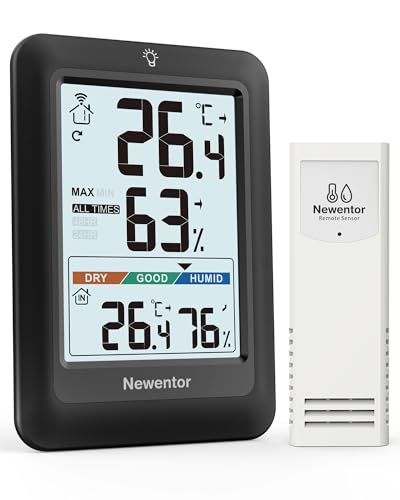 Newentor MAX MIN Thermometer innen außen 24/48 Std./alle Zeiten - Hygrometer Luftfeuchtigkeitsmesser mit Luftkomfort - Wetterstation Funk mit Außensensor - Raumthermometer mit Beleuchtung, Schwarz Newentor MAX MIN Thermometer innen außen 24/48 Std./alle Zeiten - Hygrometer Luftfeuchtigkeitsmesser mit Luftkomfort - Wetterstation Funk mit Außensensor - Raumthermometer mit Beleuchtung, Schwarz