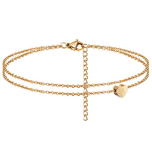 Heart Initial Ankle Bracelets for Women 18K Gold Plated Handmade Dainty Layered Letter Anklet with Heart Pendant Beach Boho Anklet Bracelet for Teen Girls