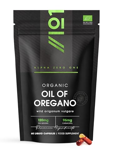 Organic Oregano Oil 120mg 96mg Carvacrol Cold-Pressed Wild Oil of Oregano 60 Vegan Capsules - Resealable and Recyclable Pouch by Alpha01
