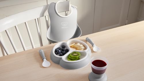 Image of BabyBjorn Mealtime Set, 4 pc, Gray | Includes Plate, Fork, Spoon, and Cup | Dishwasher Safe | Toddler feeding set for self-feeding or led weaning