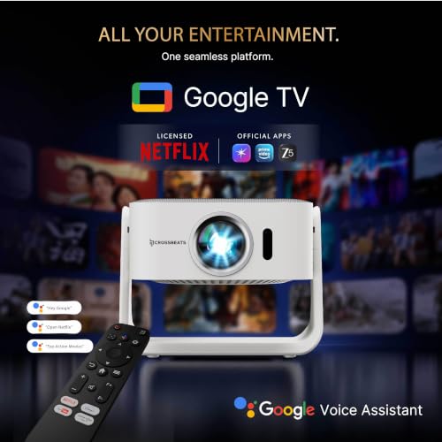 Image of Crossbeats Lumex Aura Projector 4K Ultra HD Supported, Google TV Official with Netflix,Android 14, 1080p Native, 1000 ANSI, WiFi, 300'' Smart Mini Projector for Room, Portable Home Theater Cinema