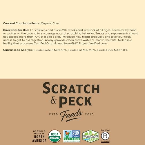 Scratch and Peck Cracked Corn Chicken, Duck and Livestock Supplemental Grain - 7.5% Protein, Certified Organic and Non-GMO Project Verified Chicken Food- 40 lbs Bag