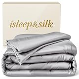 Silk Comforter Set 4 Pieces, All-Season 100% Silk Filled Comforter with Detachable Duvet Cover, Moisture-Wicking, Bedding Set with Comforter Insert, Duvet Cover, 2 Pillowcases (Grey, Queen)