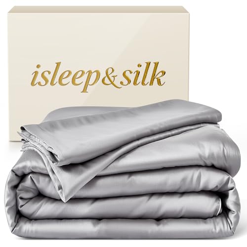 Silk Comforter Set 4 Pieces, All-Season 100% Silk Filled Comforter with Detachable Duvet Cover, Moisture-Wicking, Bedding Set with Comforter Insert, Duvet Cover, 2 Pillowcases (Grey, Queen)