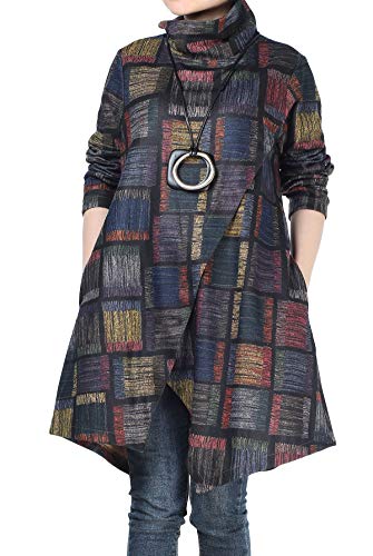 Minibee Women's Checked Plaid Tunic Winter Asymmetry Hem Tops Turtleneck Shirt Dress with Pockets Blue