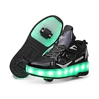 HUSKSWARE Kids Shoes with Wheels – 2-Wheel Roller Trainers for Boys Girls, LED Light-Up USB Rechargeable Retractable Sneakers, Outdoor Sports Skating Shoes EU 27-40 Black Pink Gold Silver White
