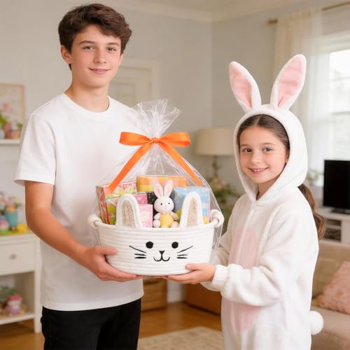 DPKOW Kleiner Hasen Osterkörbchen zum Befüllen, Geflochten Geschenkkorb Leer Osterkörbchen mit Henkel, Präsentkorb Ostergeschenke, Dekorativer Organizer, mit Geschenktüten und Schleife, 11.5X7.3X5