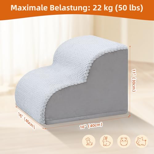 KSIIA Hundetreppe 2 Stufen, 30cm Hoch Haustiertreppe Hundetreppe für Kleine Hunde, Katzentreppe Hunderampe mit Waschbar Bezug für Bett, Couch, Sofa und Auto, 40x40x30cm, Grau