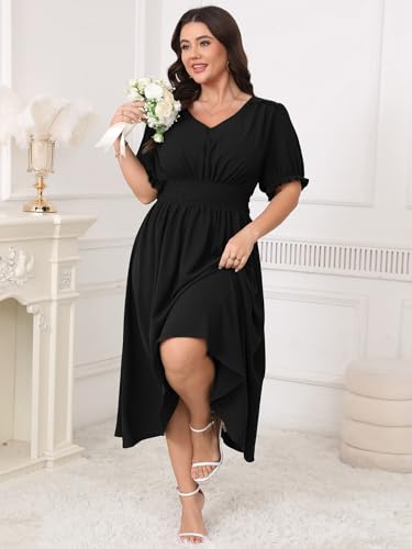 Women's Plus Size Midi Dress Short Sleeve V Neck Smocked Flowy A-Line Boho Wedding Party Dresses4