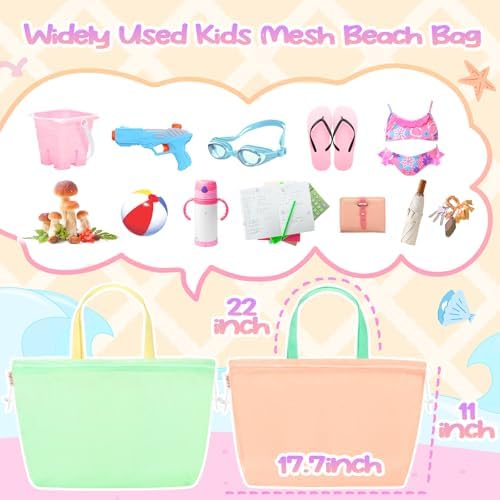 Tagitary Beach Toys Kids Beach Bag Tote with Drawstring, Orange Green Mesh Bag Travel Beach Essentials for Kids Swim Pool Gym Bag Camping Accessories Toys Storage Lightweight Foldable Birthday Gifts — view 3