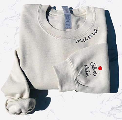 NAZENTI Custom Mama Embroidered Sweatshirt With Kids Names Sleeve-New Mom Personalized, Mama Sweatshirt Women Embroidery Mom Life, Gifts For Mothers Day Birthday Christmas Mom Mama Mommy - Thumbnail 3