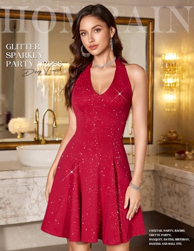 Image of HomRain Glitter Sparkle V Neck Cocktail Dress for Women 2026 A Line Backless Halter Sequin Homecoming Evening Party Dresses