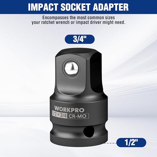 Image of WORKPRO CR-MO 1 /2F to 3 /4M Impact Socket Adapter, Square Drive Reducer | CR-MO Steel, Ball-Detent Retention and Phosphate Finish; 1 /2F-to-3 /4M Conversion for Impact Wrenches, Ratchets and Sockets