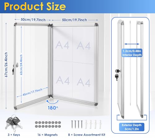 Image of SWANCROWN 26x20 in Enclosed Bulletin Board, Lockable Magnetic Board 4xA4